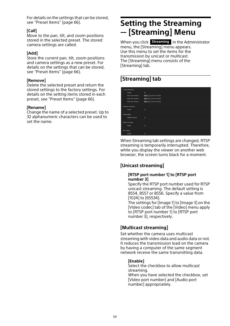 Setting the streaming — [streaming] menu, Setting the streaming, Streaming] menu | Streaming] tab | Sony HDVF-EL30 0.7" FHD OLED Viewfinder with 3.5" Display for 4K/HD Cameras User Manual | Page 59 / 73