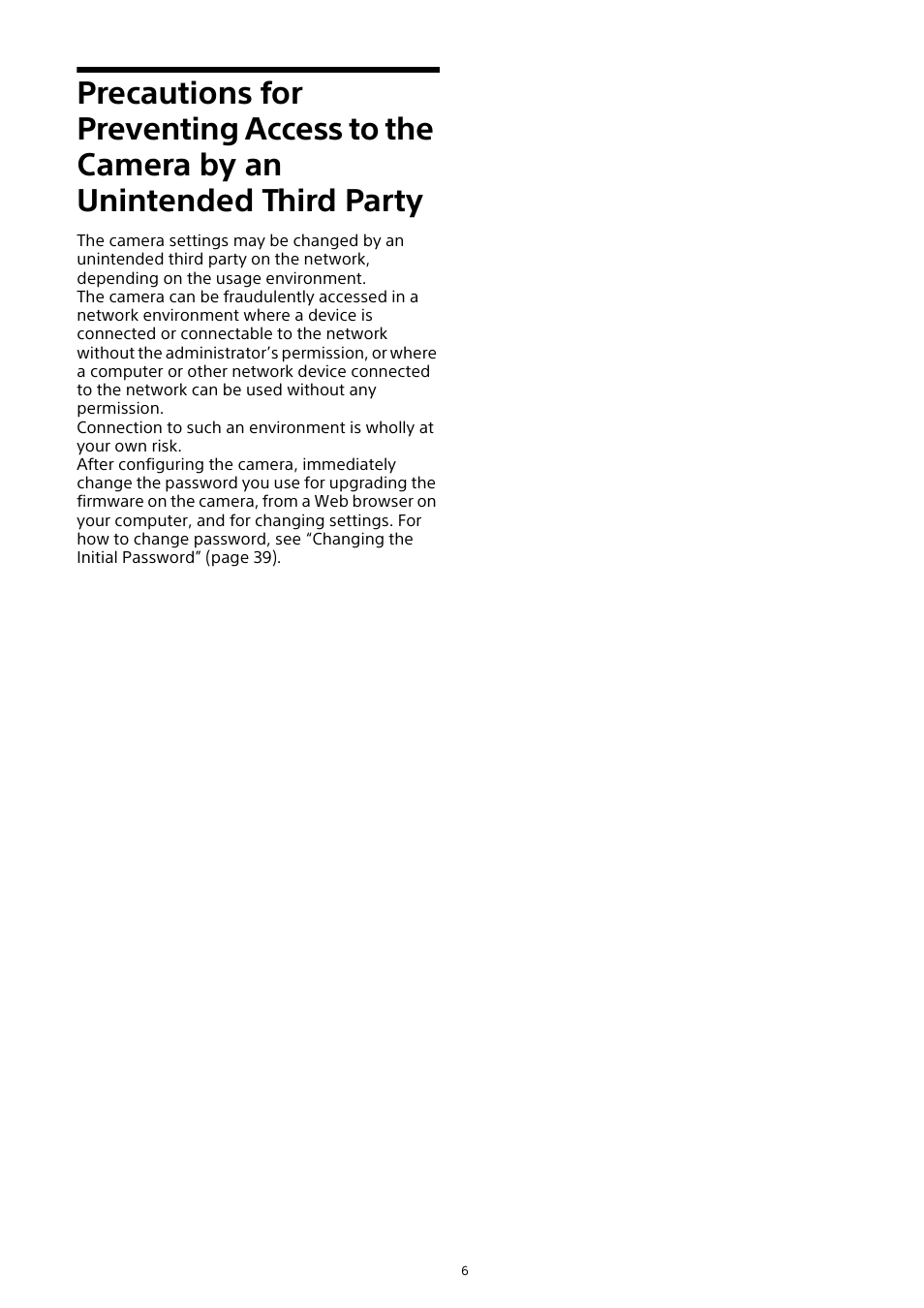 Precautions for preventing access to the, Camera by an unintended third party | Sony HDVF-EL30 0.7" FHD OLED Viewfinder with 3.5" Display for 4K/HD Cameras User Manual | Page 6 / 73