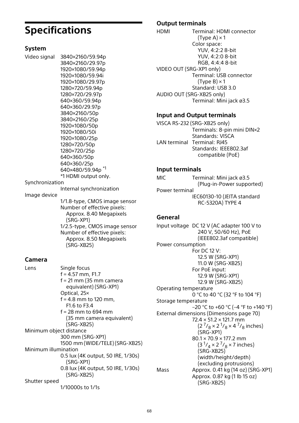 Specifications | Sony HDVF-EL30 0.7" FHD OLED Viewfinder with 3.5" Display for 4K/HD Cameras User Manual | Page 68 / 73