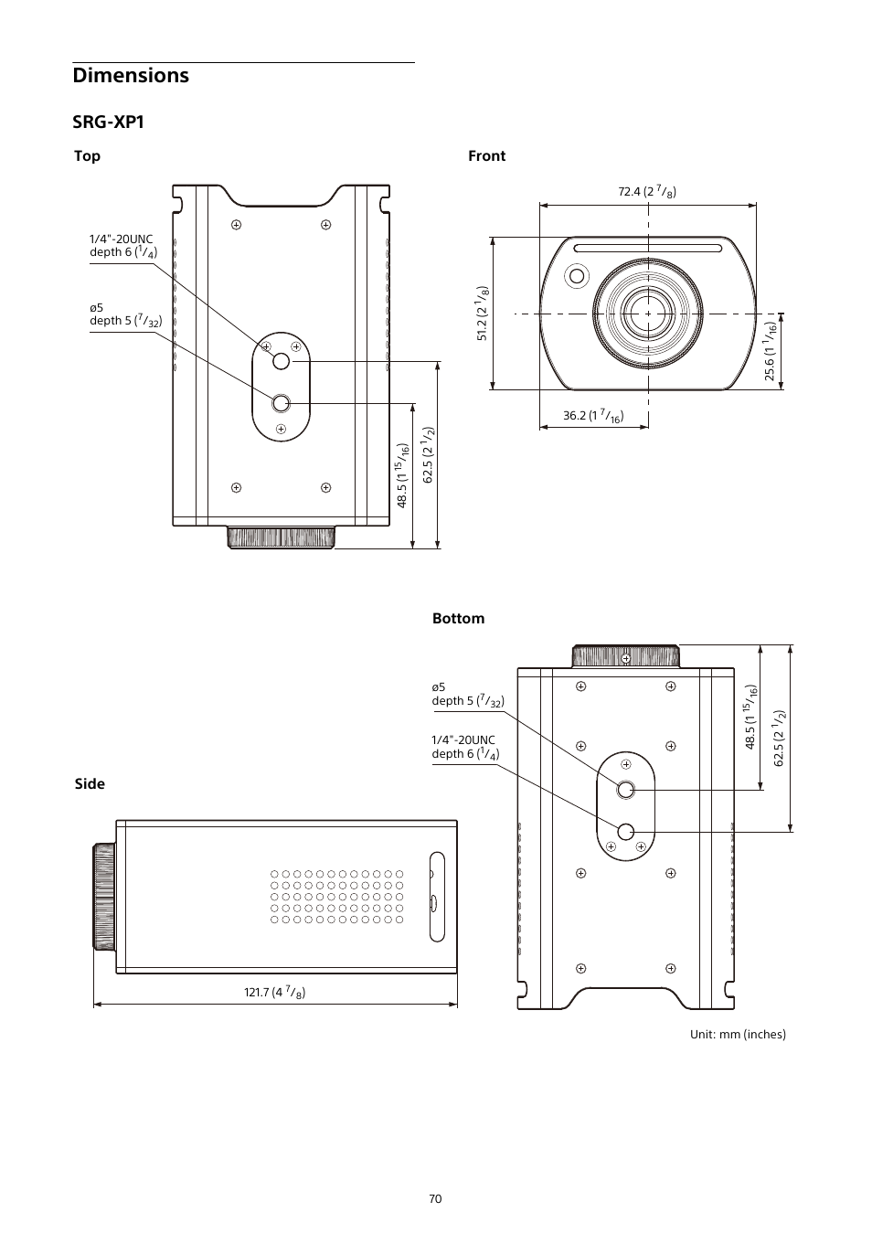 Dimensions, Srg-xp1 | Sony HDVF-EL30 0.7" FHD OLED Viewfinder with 3.5" Display for 4K/HD Cameras User Manual | Page 70 / 73