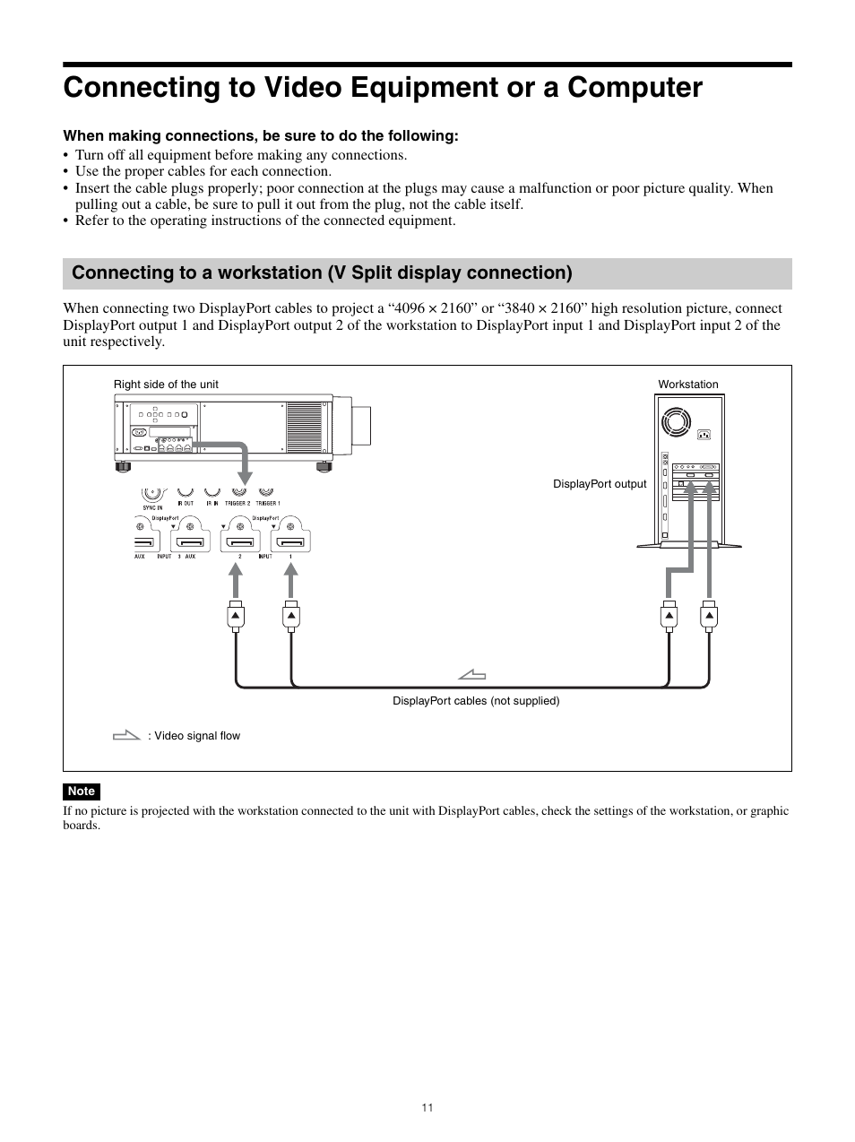 Connecting to video equipment or a computer, Connecting to a workstation (v split display, Connection) | Sony All-in-One PXW-Z280 Camera Transport Kit with Accessories User Manual | Page 11 / 49
