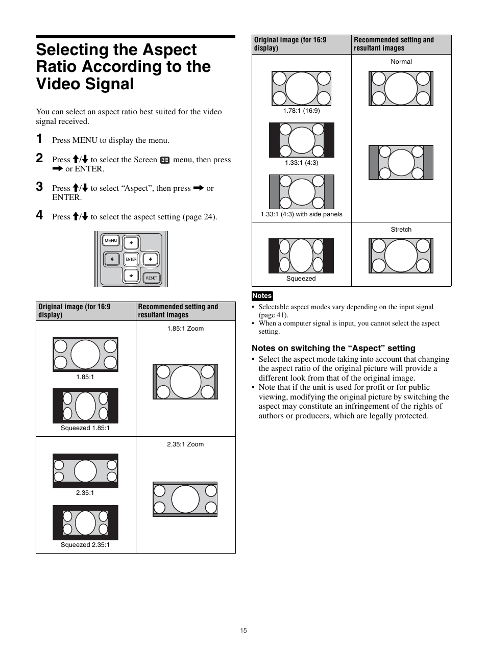 Selecting the aspect ratio according to the video, Signal | Sony All-in-One PXW-Z280 Camera Transport Kit with Accessories User Manual | Page 15 / 49