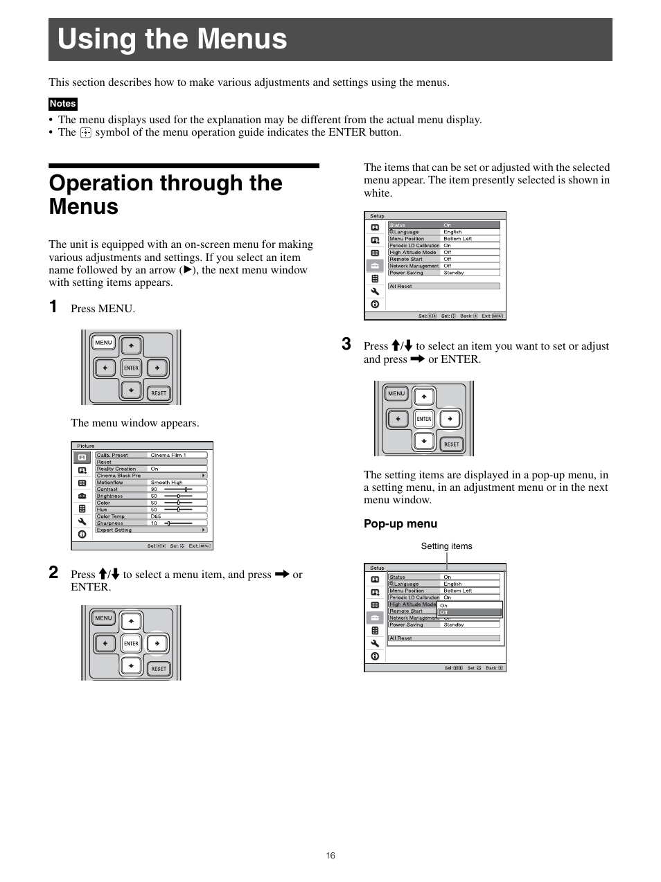 Using the menus, Operation through the menus | Sony All-in-One PXW-Z280 Camera Transport Kit with Accessories User Manual | Page 16 / 49