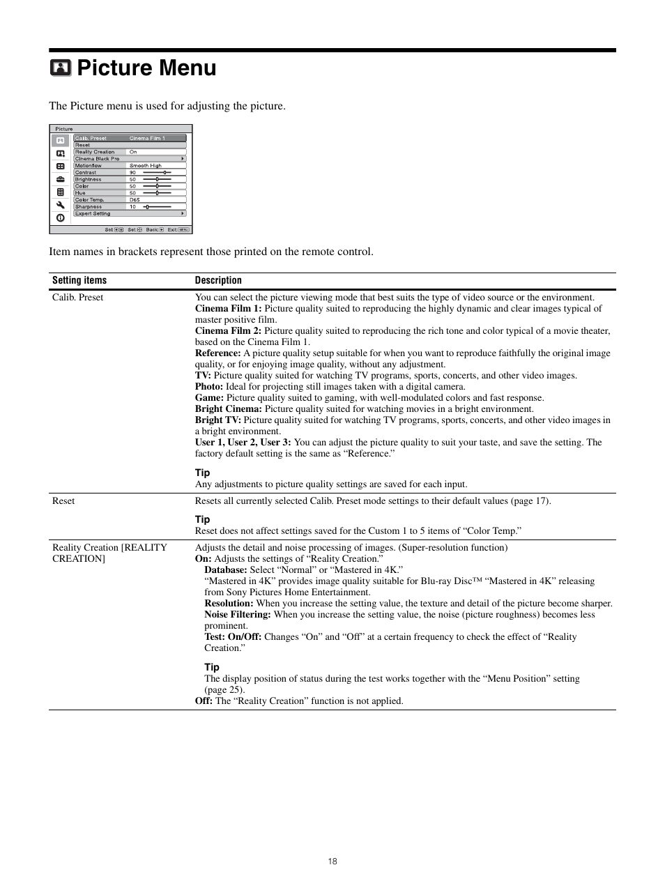 Picture menu | Sony All-in-One PXW-Z280 Camera Transport Kit with Accessories User Manual | Page 18 / 49