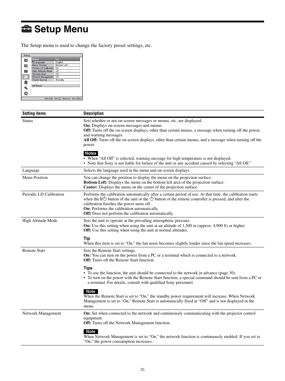 Setup menu | Sony All-in-One PXW-Z280 Camera Transport Kit with Accessories User Manual | Page 25 / 49
