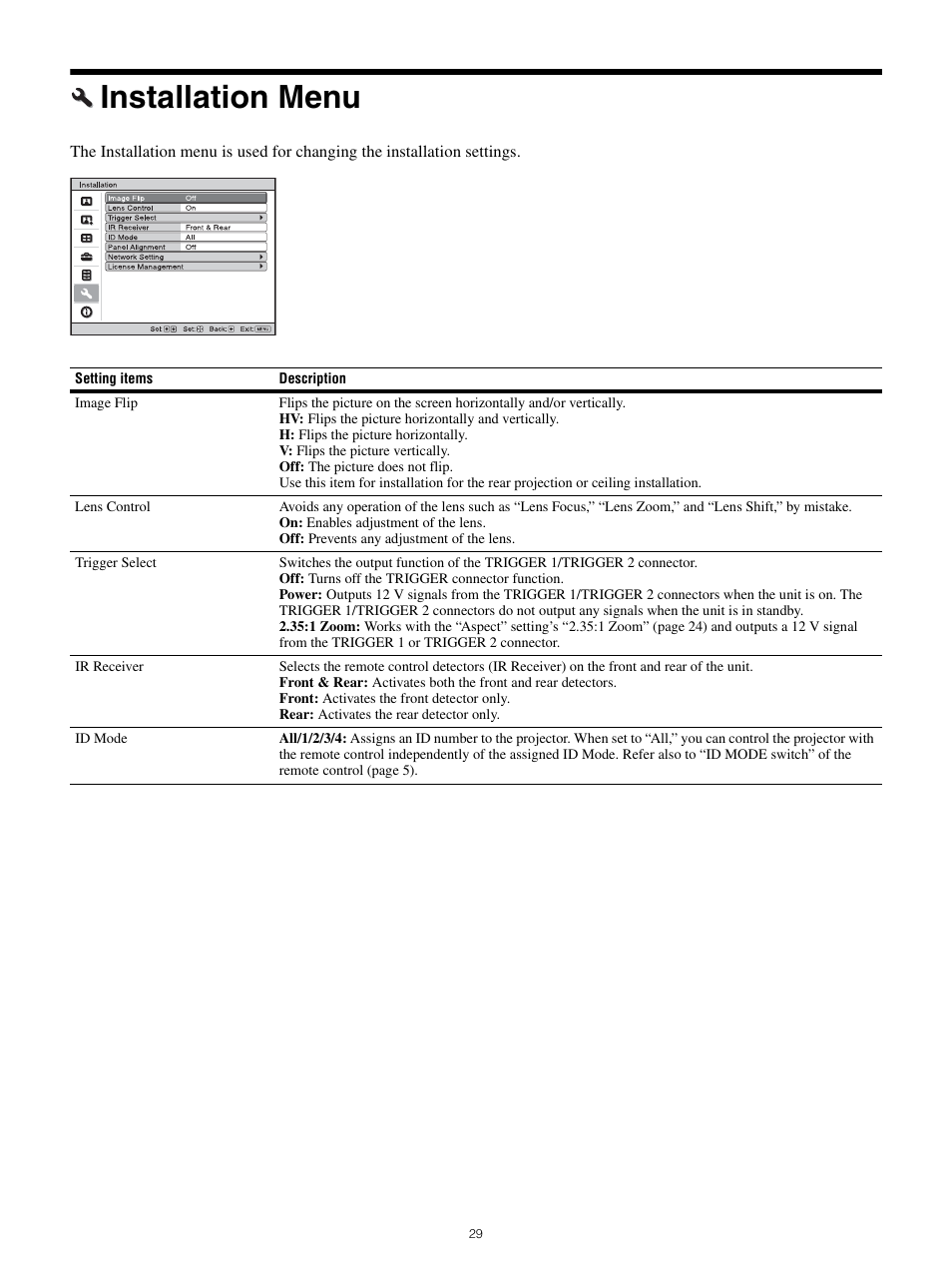 Installation menu | Sony All-in-One PXW-Z280 Camera Transport Kit with Accessories User Manual | Page 29 / 49