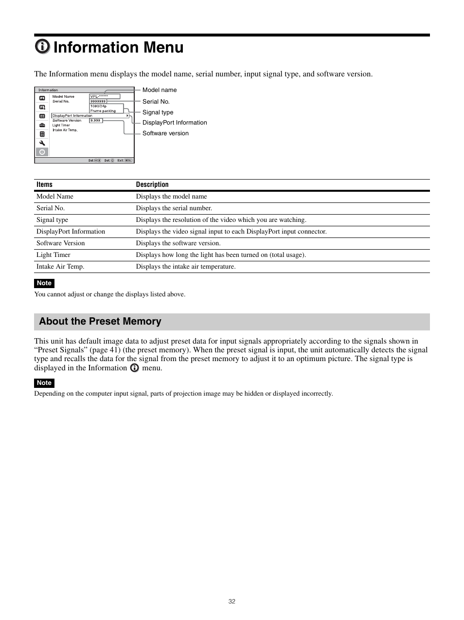 Information menu, About the preset memory | Sony All-in-One PXW-Z280 Camera Transport Kit with Accessories User Manual | Page 32 / 49