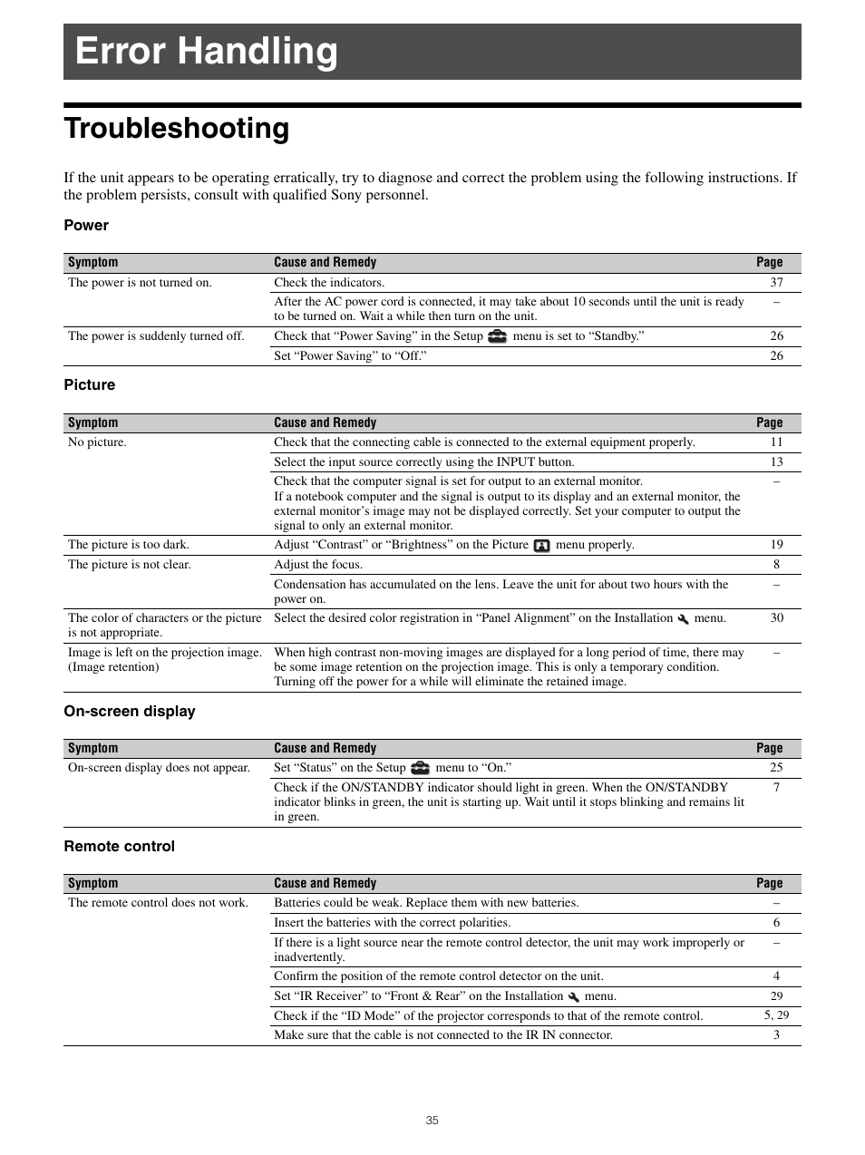 Error handling, Troubleshooting | Sony All-in-One PXW-Z280 Camera Transport Kit with Accessories User Manual | Page 35 / 49