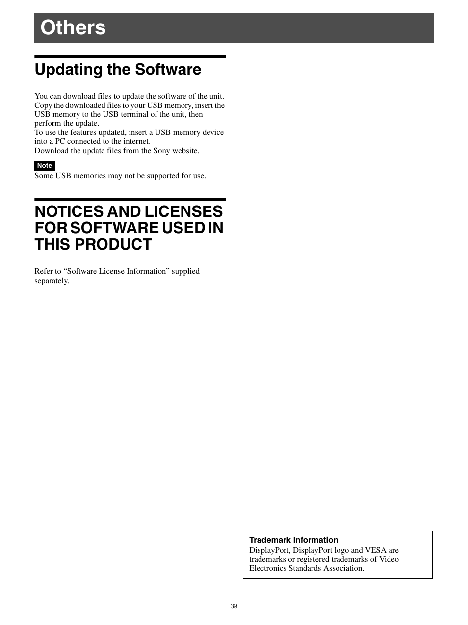 Others, Updating the software, In this product | Sony All-in-One PXW-Z280 Camera Transport Kit with Accessories User Manual | Page 39 / 49