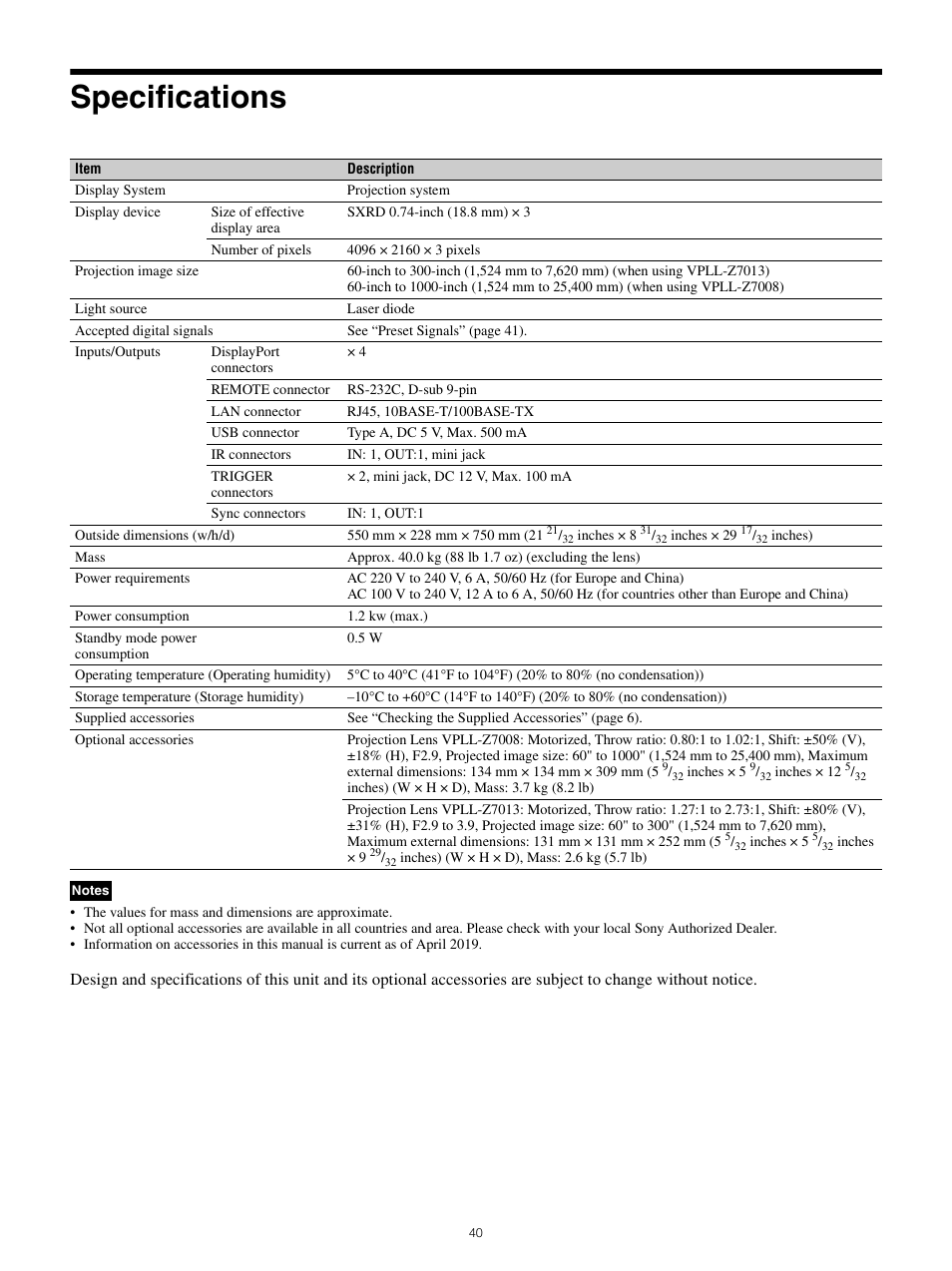 Specifications | Sony All-in-One PXW-Z280 Camera Transport Kit with Accessories User Manual | Page 40 / 49