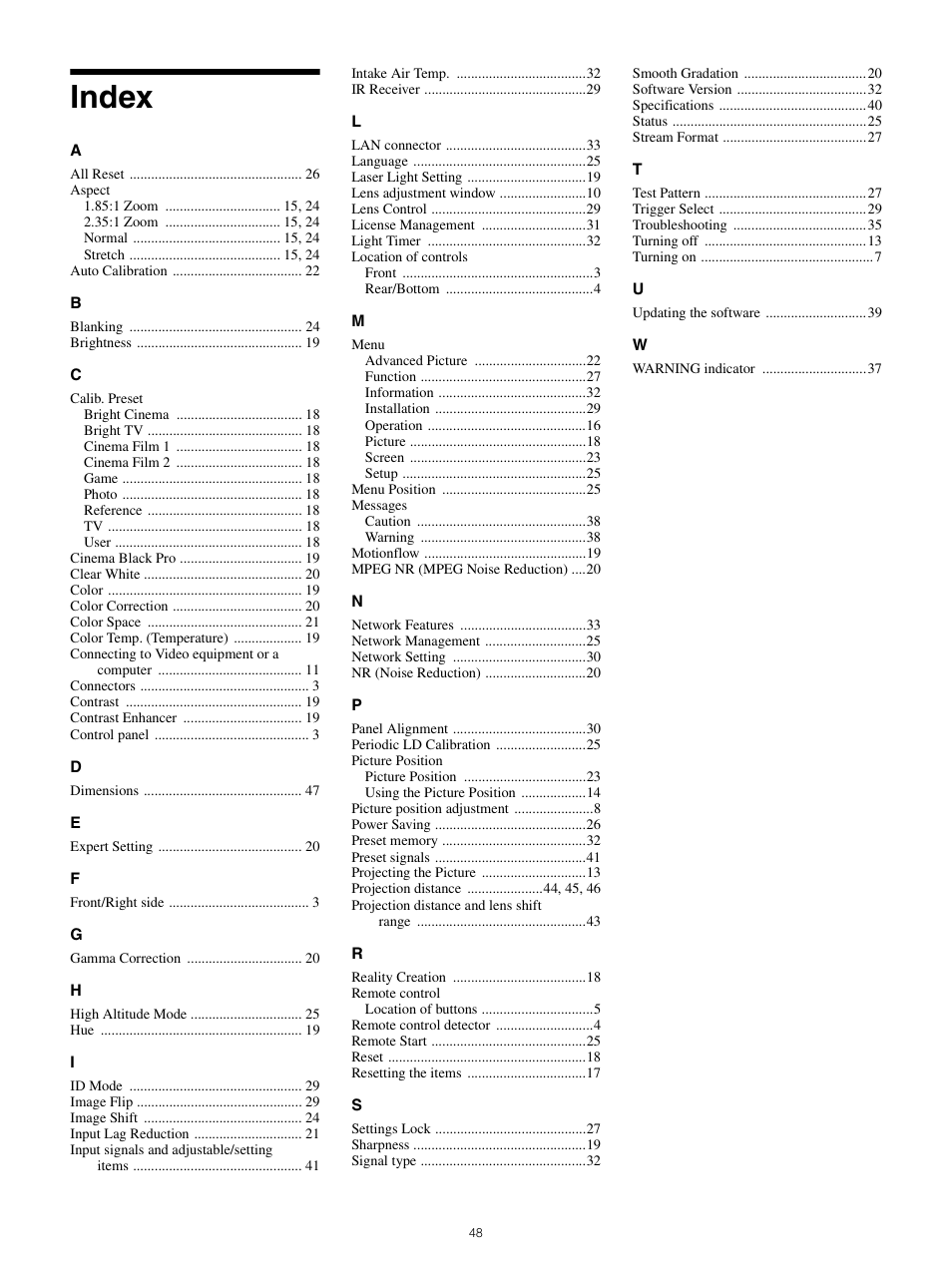 Index | Sony All-in-One PXW-Z280 Camera Transport Kit with Accessories User Manual | Page 48 / 49