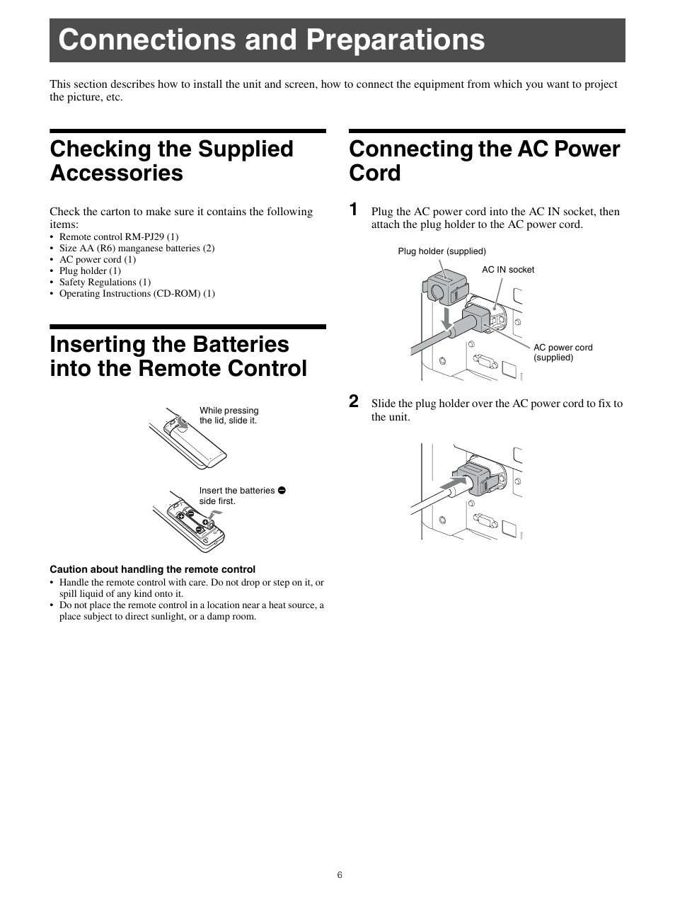 Connections and preparations, Checking the supplied accessories, Inserting the batteries into the remote control | Connecting the ac power cord | Sony All-in-One PXW-Z280 Camera Transport Kit with Accessories User Manual | Page 6 / 49