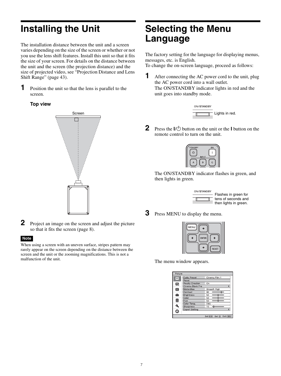 Installing the unit, Selecting the menu language, Installing the unit selecting the menu language | Sony All-in-One PXW-Z280 Camera Transport Kit with Accessories User Manual | Page 7 / 49