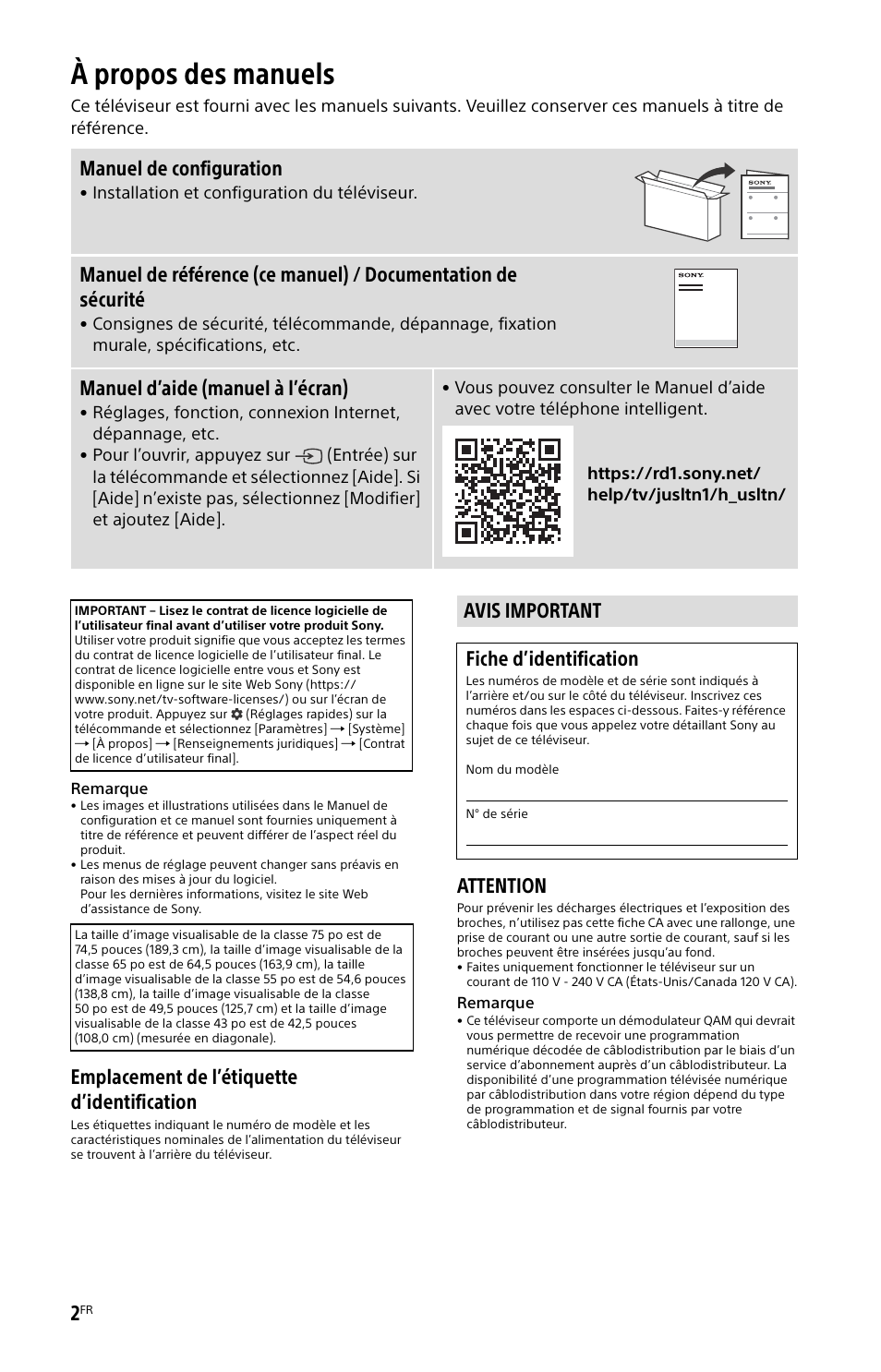 À propos des manuels, Avis important, Emplacement de l’étiquette d’identification | Attention, Manuel de configuration, Manuel d’aide (manuel à l’écran), Avis important fiche d’identification | Sony ZRD-B15A Micro LED Video Wall Modular Display User Manual | Page 14 / 40