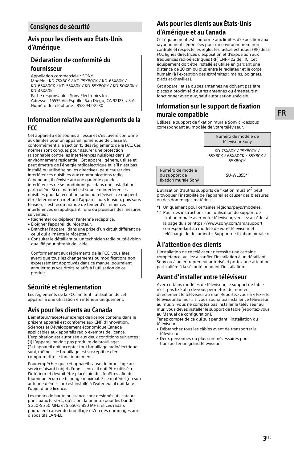 Consignes de sécurité, Sécurité et réglementation, Avis pour les clients au canada | À l’attention des clients, Avant d’installer votre téléviseur | Sony ZRD-B15A Micro LED Video Wall Modular Display User Manual | Page 15 / 40