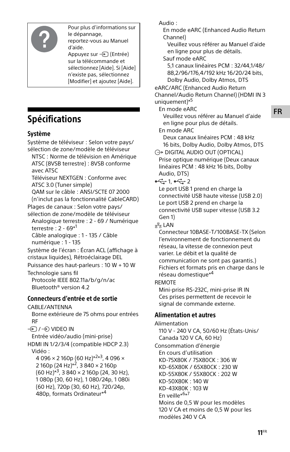 Spécifications, Système, Connecteurs d’entrée et de sortie | Alimentation et autres | Sony ZRD-B15A Micro LED Video Wall Modular Display User Manual | Page 23 / 40