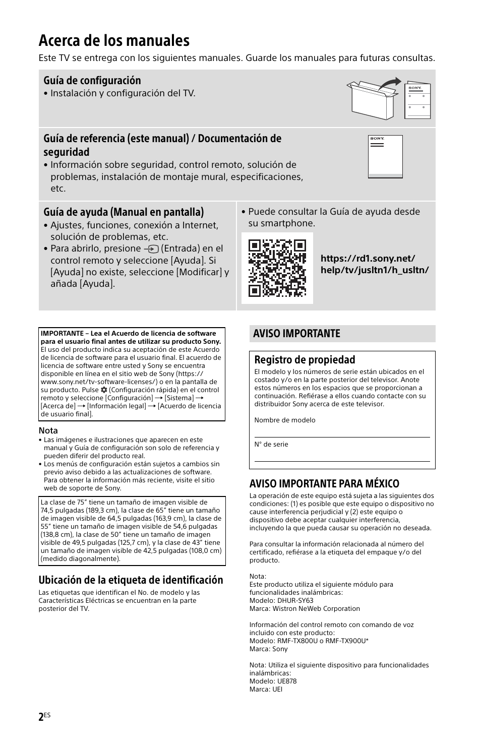 Acerca de los manuales, Aviso importante, Ubicación de la etiqueta de identificación | Aviso importante para méxico, Guía de configuración, Guía de ayuda (manual en pantalla), Aviso importante registro de propiedad | Sony ZRD-B15A Micro LED Video Wall Modular Display User Manual | Page 26 / 40