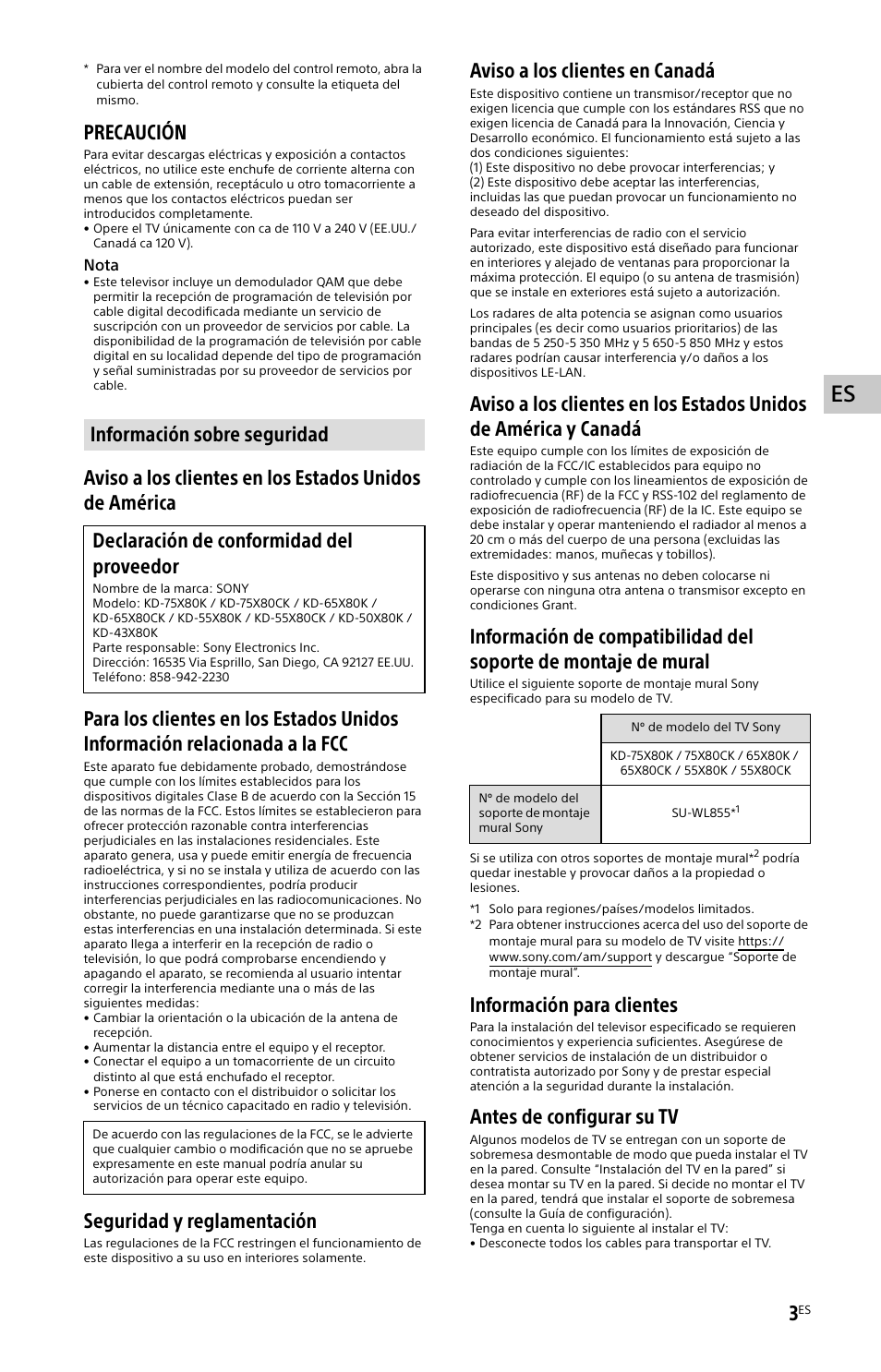 Información sobre seguridad, Precaución, Seguridad y reglamentación | Aviso a los clientes en canadá, Información para clientes, Antes de configurar su tv | Sony ZRD-B15A Micro LED Video Wall Modular Display User Manual | Page 27 / 40