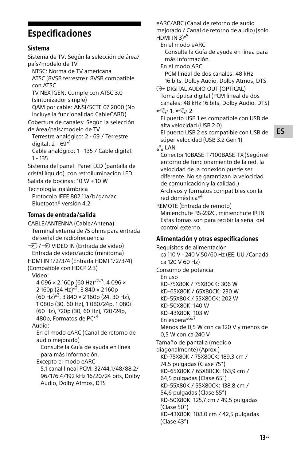 Especificaciones, Sistema, Tomas de entrada/salida | Alimentación y otras especificaciones | Sony ZRD-B15A Micro LED Video Wall Modular Display User Manual | Page 37 / 40