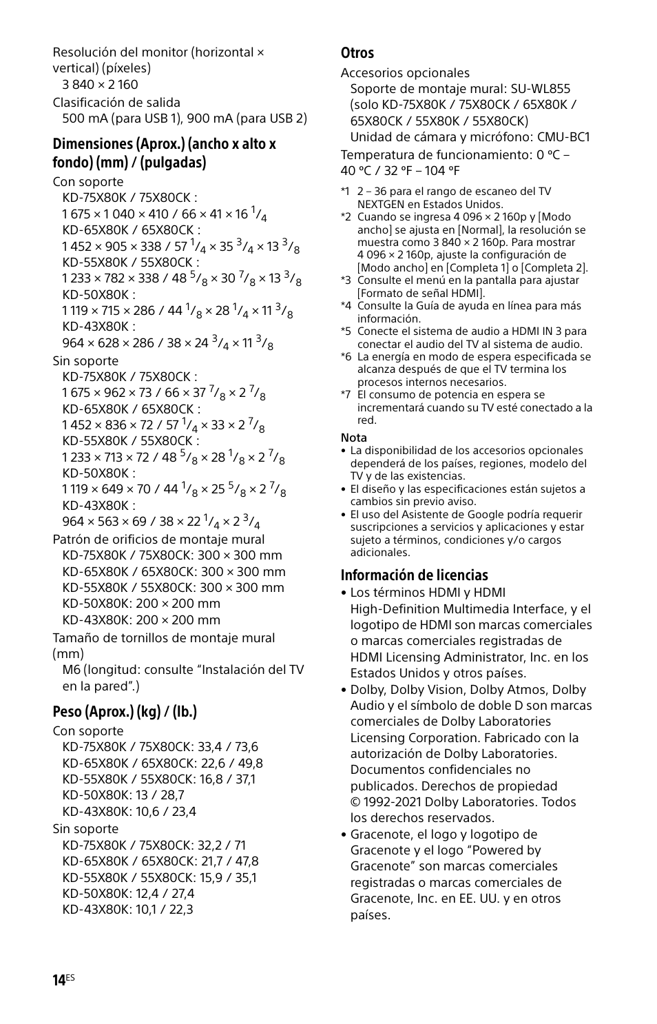 Peso (aprox.) (kg) / (lb.), Otros, Información de licencias | Sony ZRD-B15A Micro LED Video Wall Modular Display User Manual | Page 38 / 40