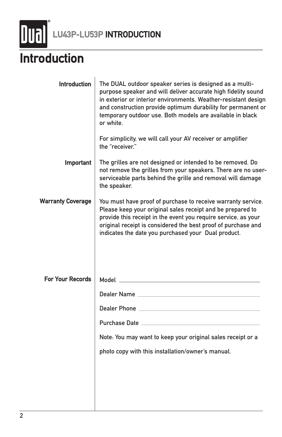 Introduction, Lu43p-lu53p introduction | Dual LU53P User Manual | Page 2 / 8