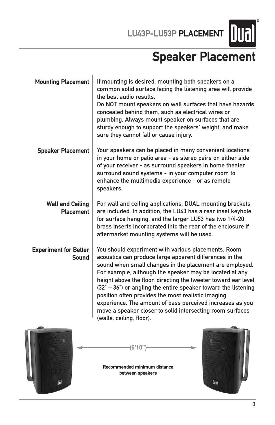 Speaker placement, Lu43p-lu53p placement | Dual LU53P User Manual | Page 3 / 8