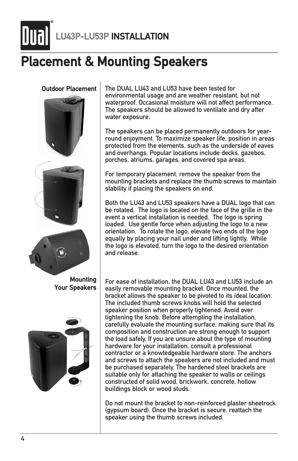 Placement & mounting speakers, Lu43p-lu53p installation | Dual LU53P User Manual | Page 4 / 8