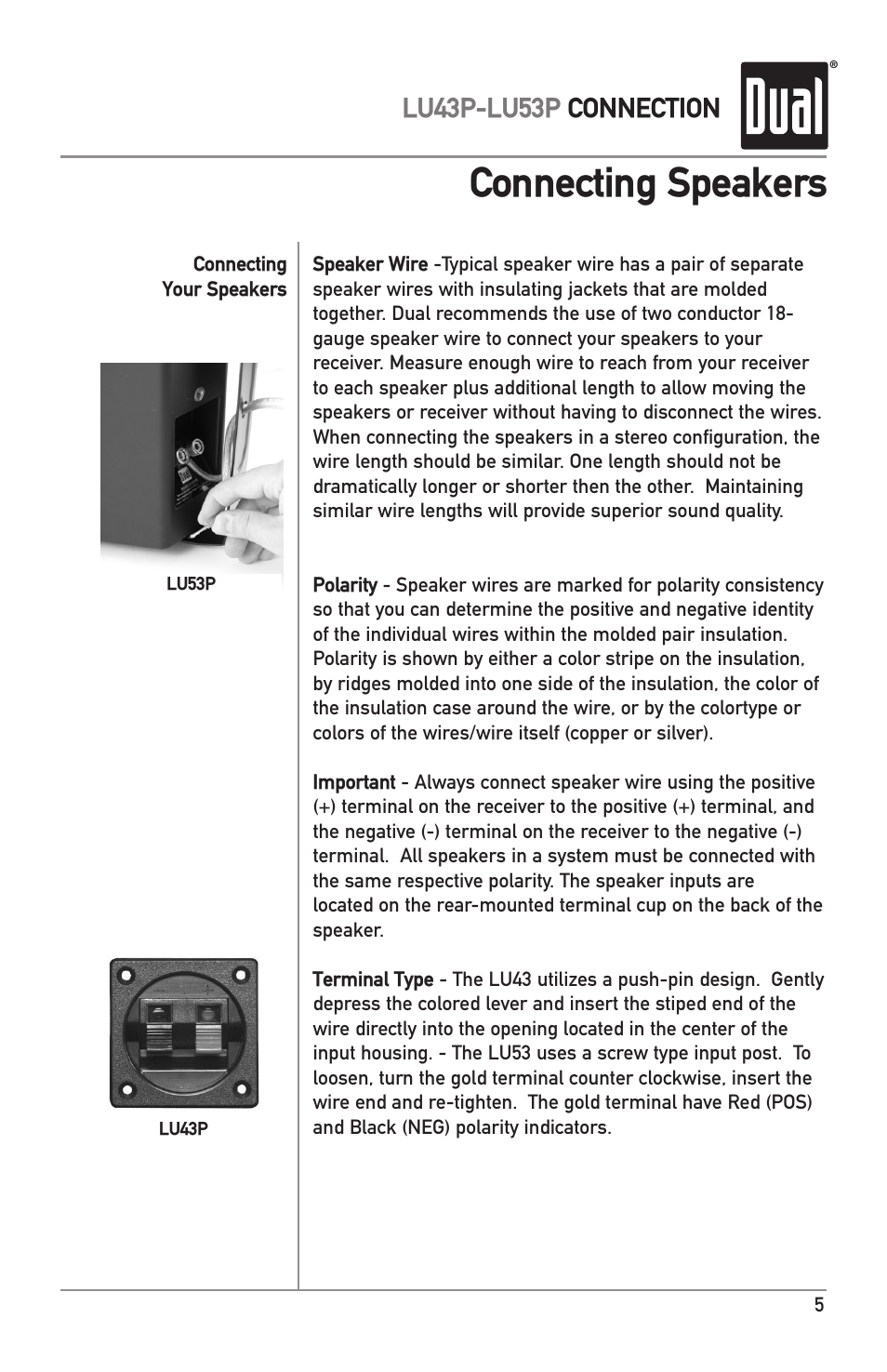 Connecting speakers, Lu43p-lu53p connection | Dual LU53P User Manual | Page 5 / 8