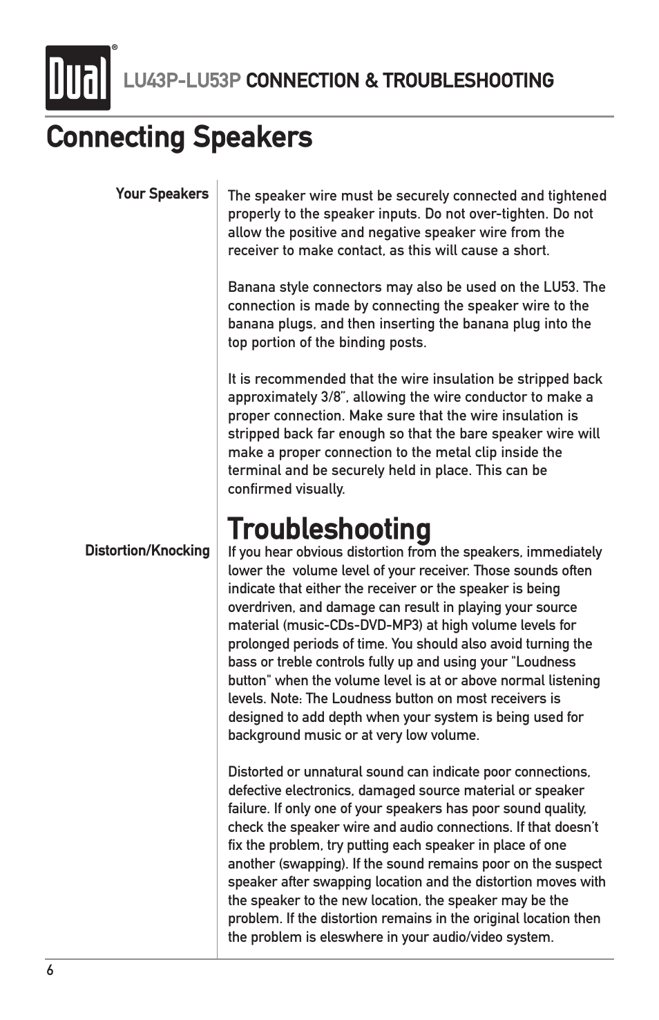 Connecting speakers, Troubleshooting | Dual LU53P User Manual | Page 6 / 8