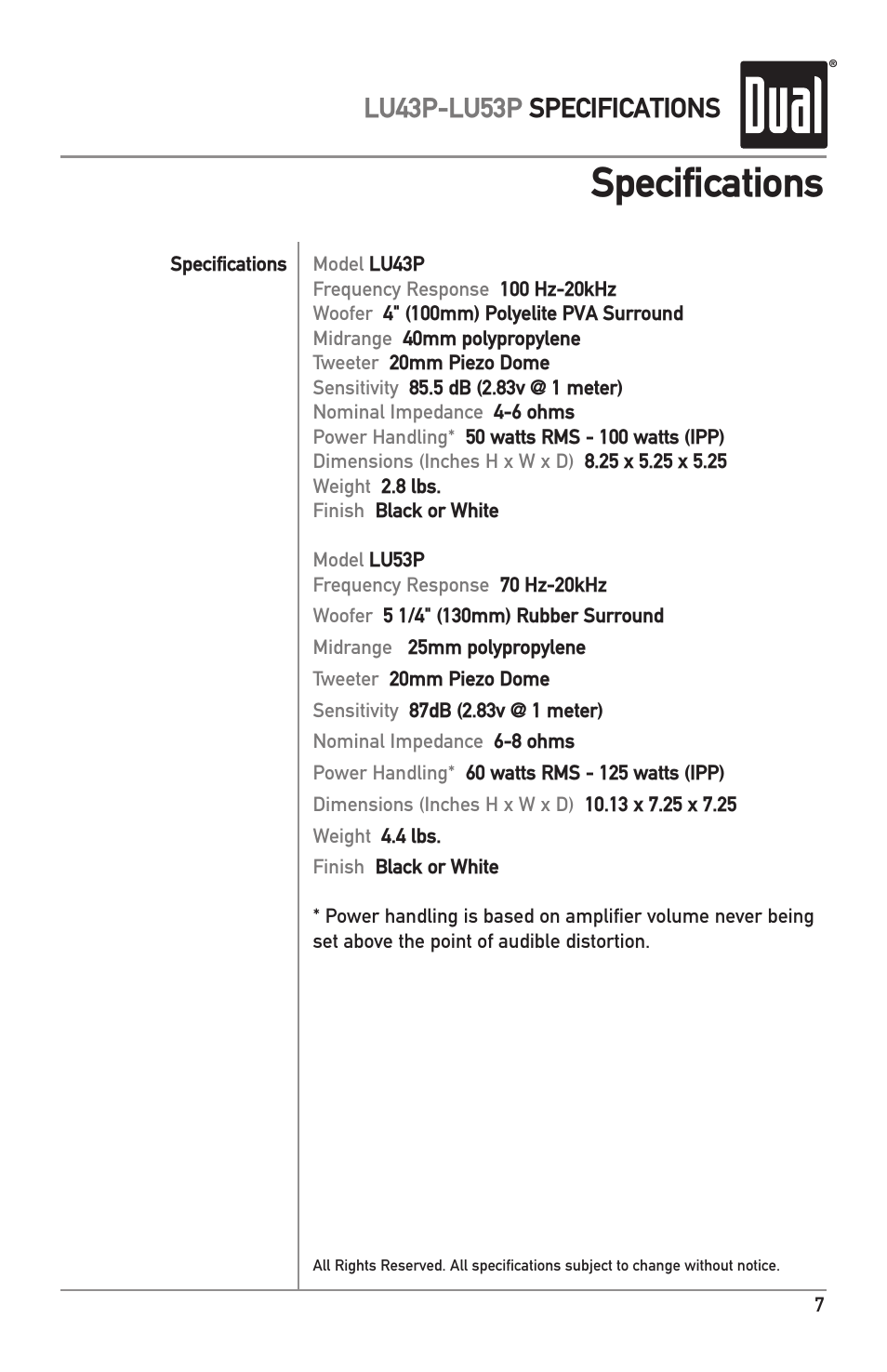 Specifications, Lu43p-lu53p specifications | Dual LU53P User Manual | Page 7 / 8