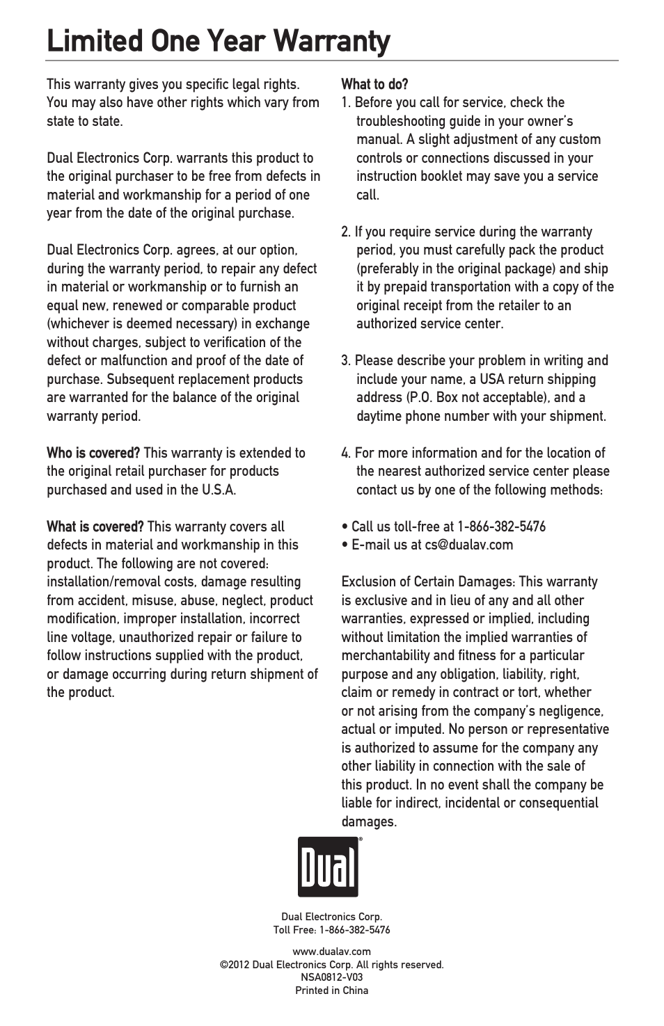 Limited one year warranty | Dual LU53P User Manual | Page 8 / 8