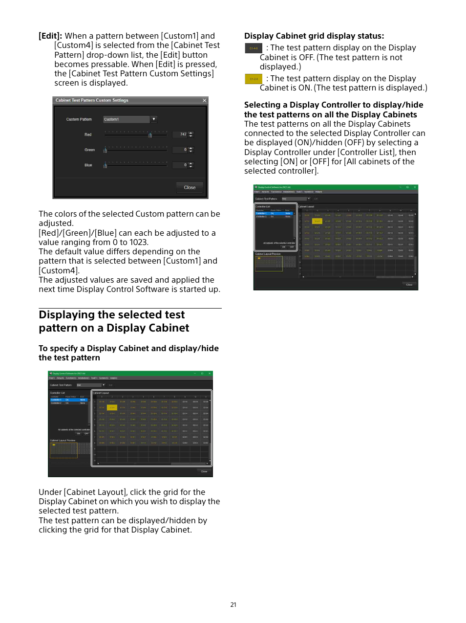 Displaying the selected test pattern on, A display cabinet | Sony ZRD-B12A Micro LED Video Wall Modular Display User Manual | Page 21 / 65