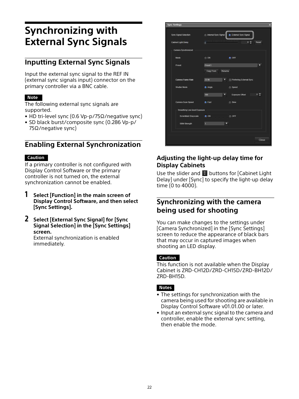 Synchronizing with external sync signals, Inputting external sync signals, Enabling external synchronization | Synchronizing with external sync, Signals | Sony ZRD-B12A Micro LED Video Wall Modular Display User Manual | Page 22 / 65