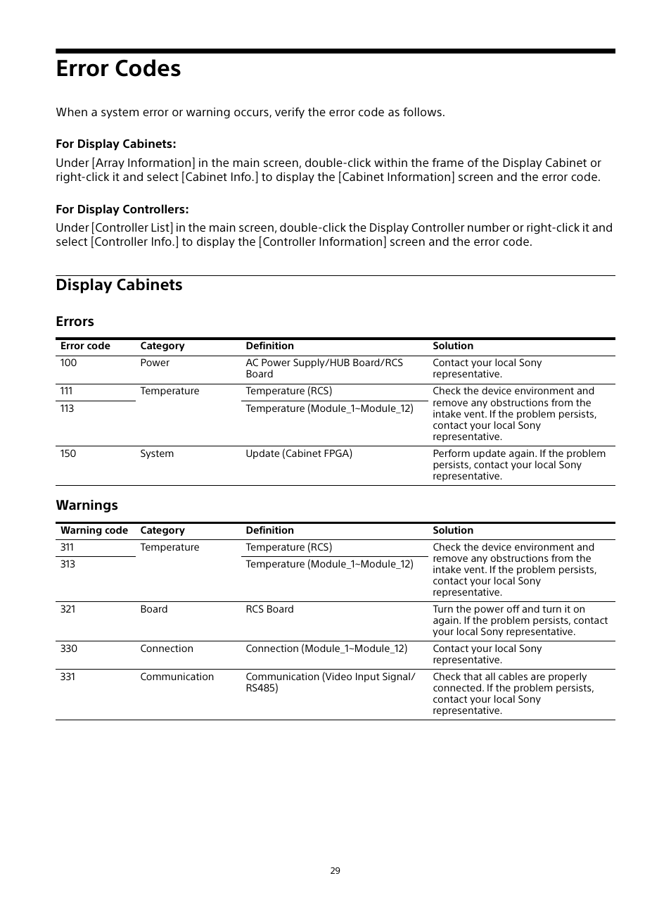 Error codes, Display cabinets, Errors warnings | Sony ZRD-B12A Micro LED Video Wall Modular Display User Manual | Page 29 / 65
