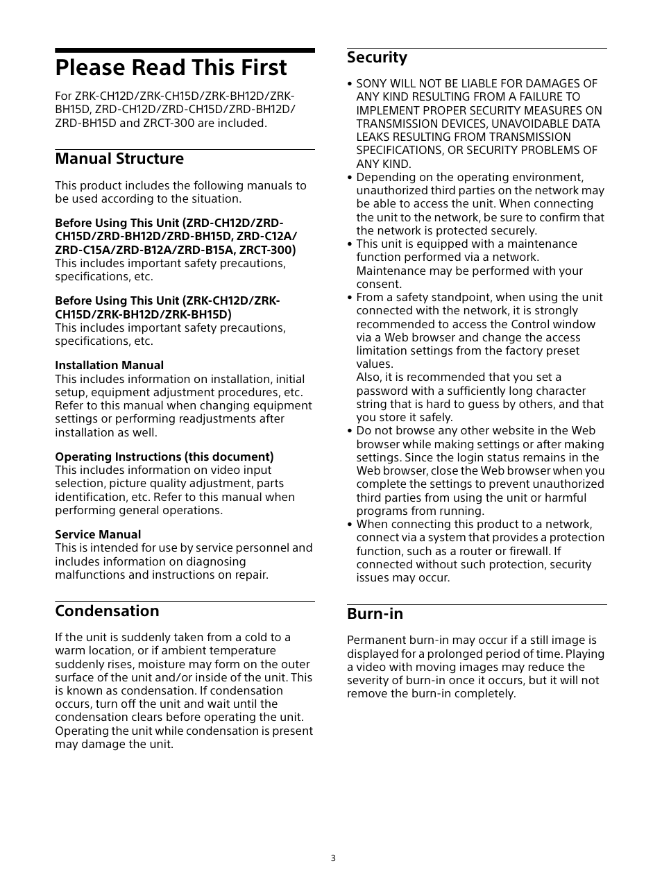 Please read this first, Manual structure, Condensation | Security, Burn-in, Manual structure condensation security burn-in | Sony ZRD-B12A Micro LED Video Wall Modular Display User Manual | Page 3 / 65