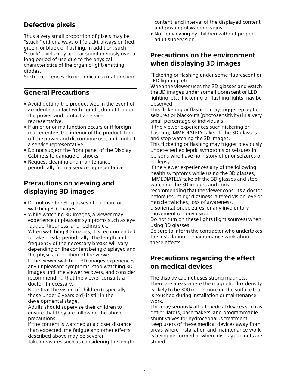 Defective pixels, General precautions, Precautions on viewing and displaying 3d images | Sony ZRD-B12A Micro LED Video Wall Modular Display User Manual | Page 4 / 65