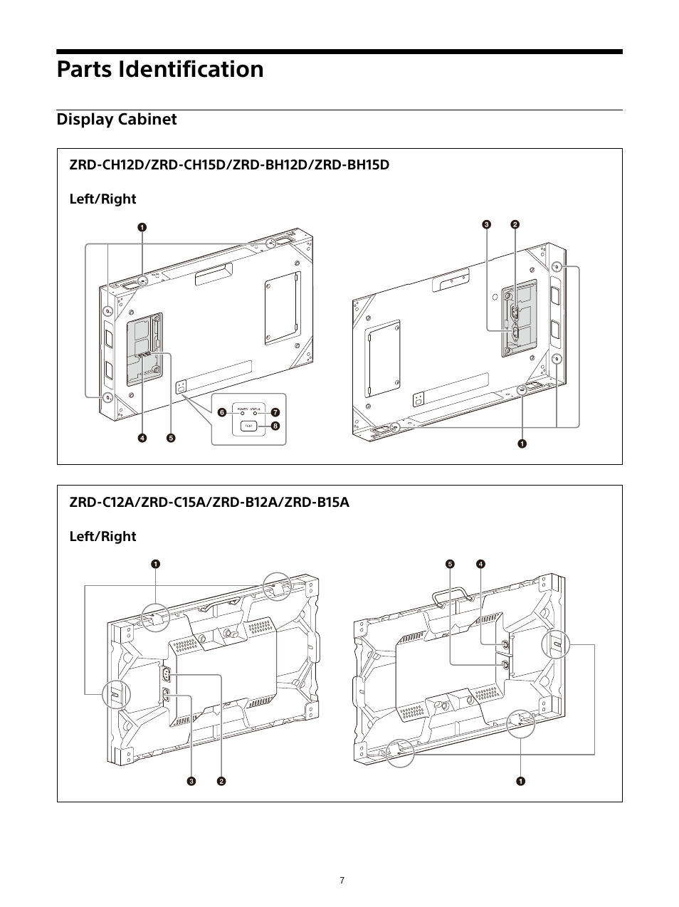 Parts identification, Display cabinet | Sony ZRD-B12A Micro LED Video Wall Modular Display User Manual | Page 7 / 65