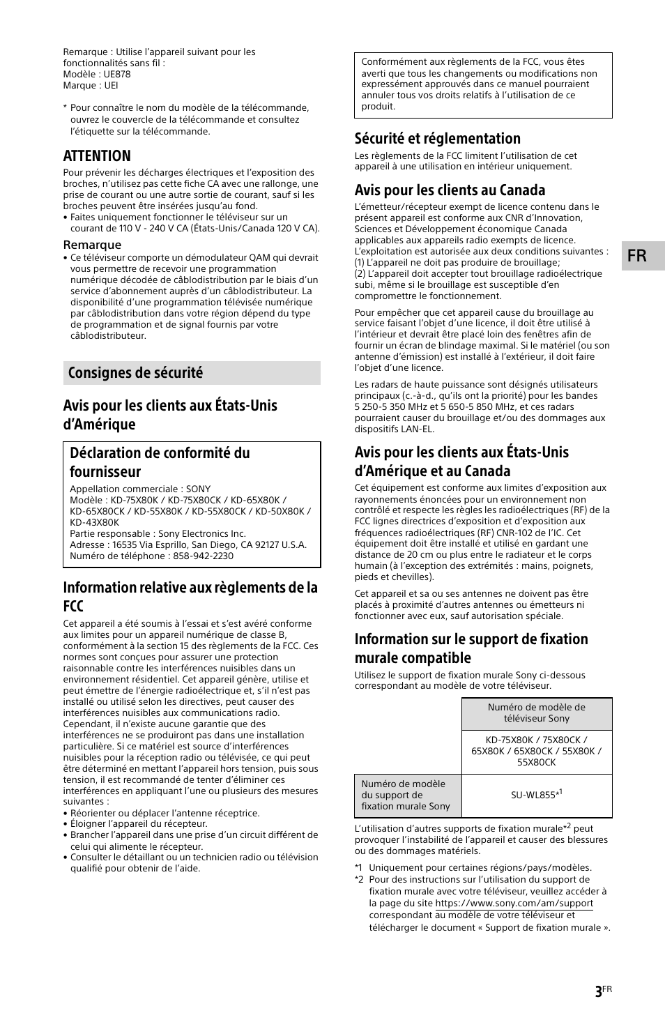 Consignes de sécurité, Attention, Sécurité et réglementation | Avis pour les clients au canada | Sony BZ30L Series 65" UHD 4K HDR Commercial Monitor User Manual | Page 15 / 40