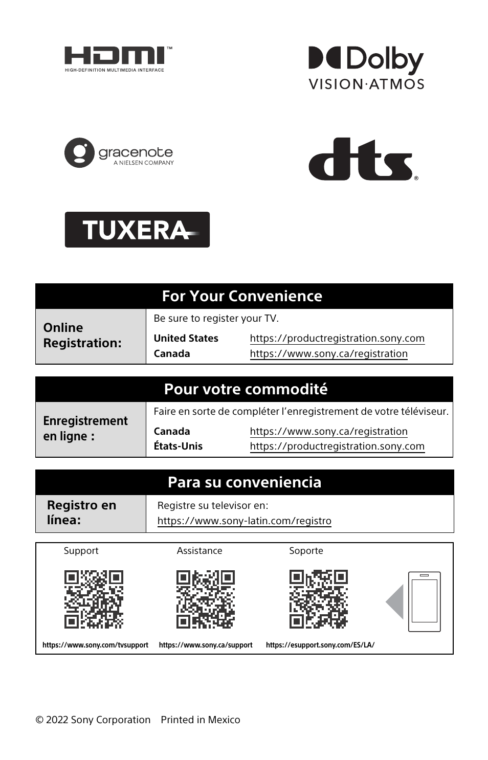 For your convenience, Pour votre commodité, Para su conveniencia | Online registration, Enregistrement en ligne, Registro en línea | Sony BZ30L Series 65" UHD 4K HDR Commercial Monitor User Manual | Page 40 / 40