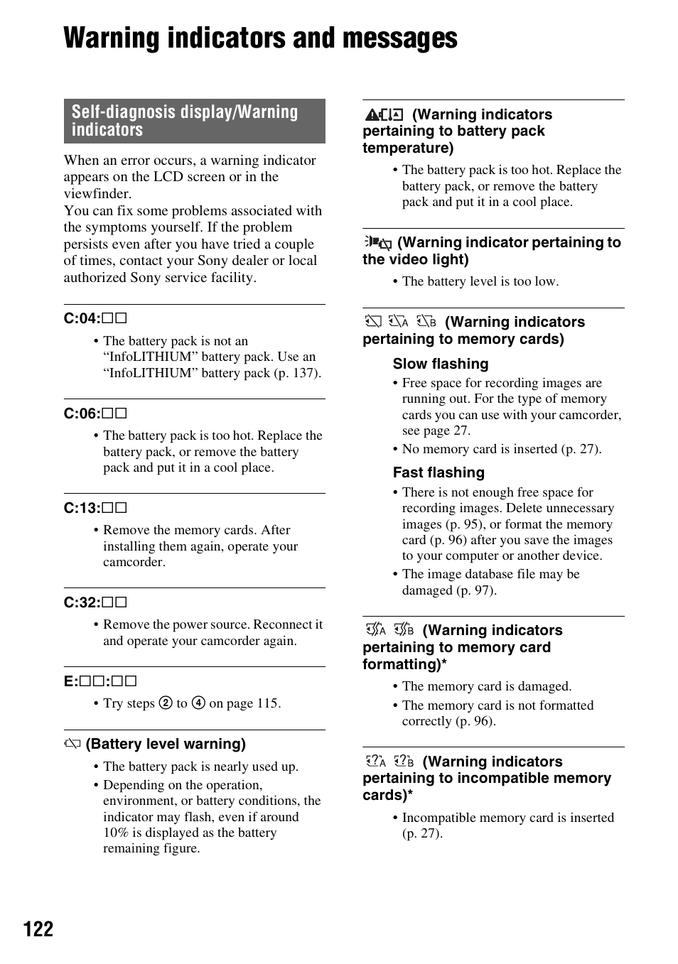 Warning indicators and messages, P. 122), Self-diagnosis display/warning indicators | Sony BRAVIA FW-98BZ50L 98" UHD 4K HDR Commercial Monitor User Manual | Page 122 / 152