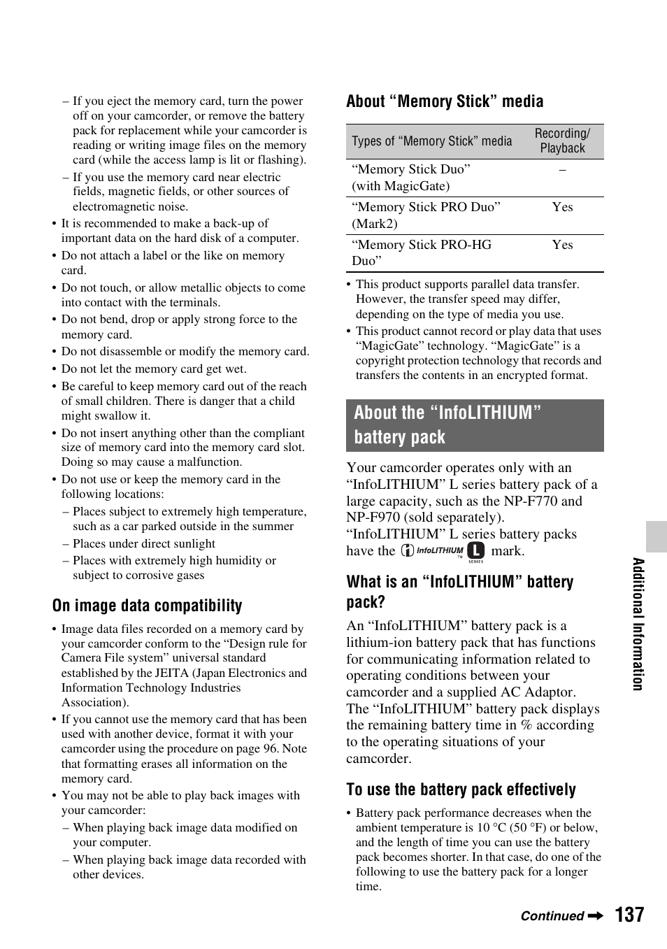 About the “infolithium” battery pack, P. 137), On image data compatibility | What is an “infolithium” battery pack | Sony BRAVIA FW-98BZ50L 98" UHD 4K HDR Commercial Monitor User Manual | Page 137 / 152