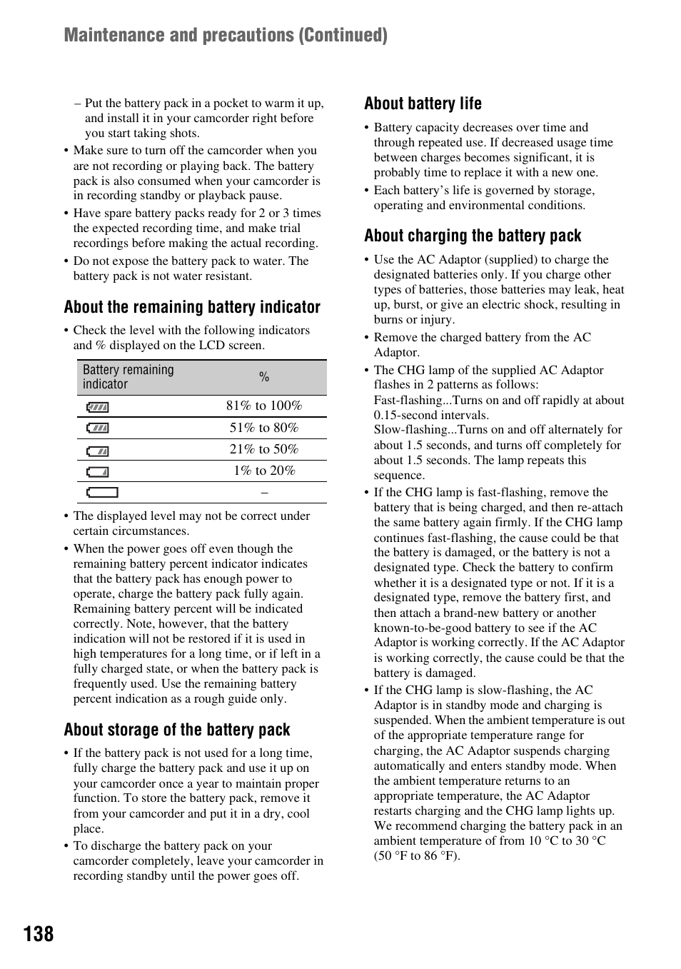 Maintenance and precautions ( continued), About the remaining battery indicator, About storage of the battery pack | About battery life, About charging the battery pack | Sony BRAVIA FW-98BZ50L 98" UHD 4K HDR Commercial Monitor User Manual | Page 138 / 152