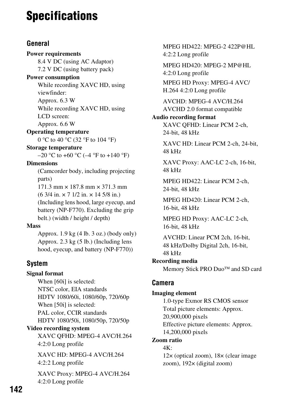 Specifications | Sony BRAVIA FW-98BZ50L 98" UHD 4K HDR Commercial Monitor User Manual | Page 142 / 152