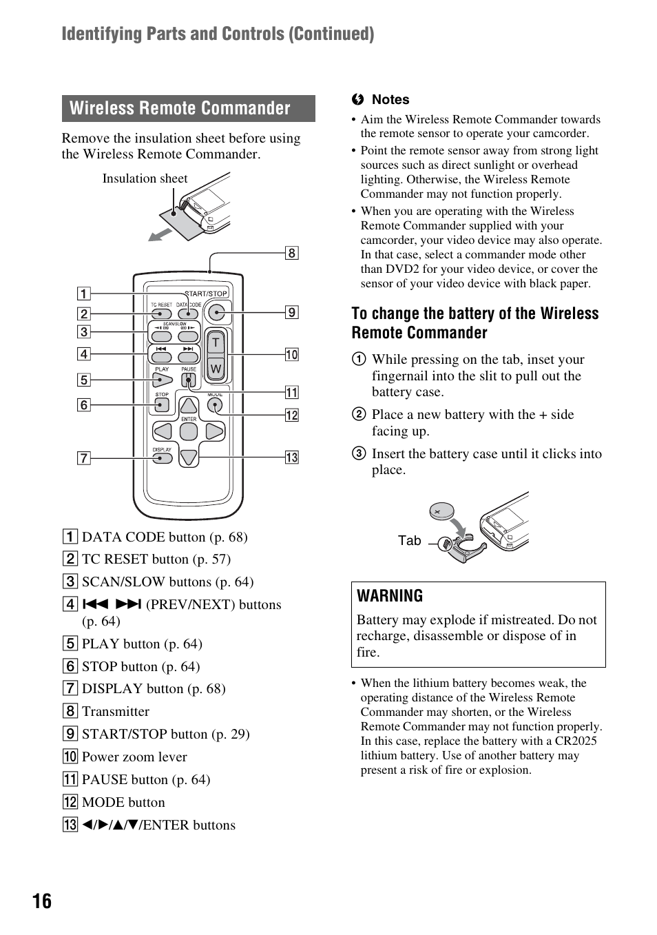 Wireless remote commander, Nsor (p. 16), Identifying parts and controls ( continued) | Sony BRAVIA FW-98BZ50L 98" UHD 4K HDR Commercial Monitor User Manual | Page 16 / 152