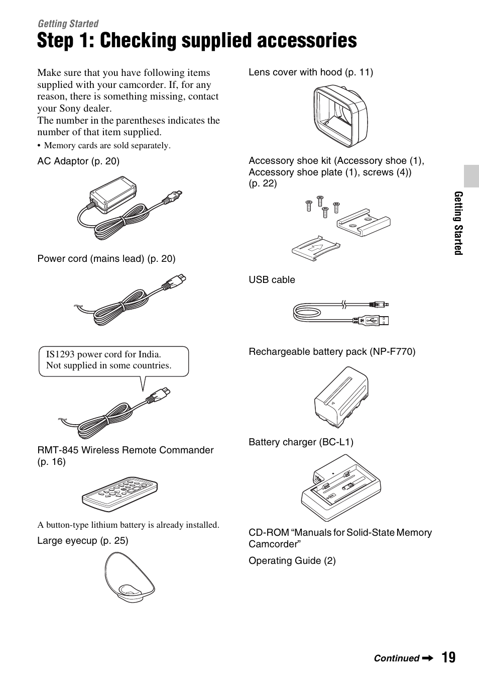 Getting started, Step 1: checking supplied accessories | Sony BRAVIA FW-98BZ50L 98" UHD 4K HDR Commercial Monitor User Manual | Page 19 / 152