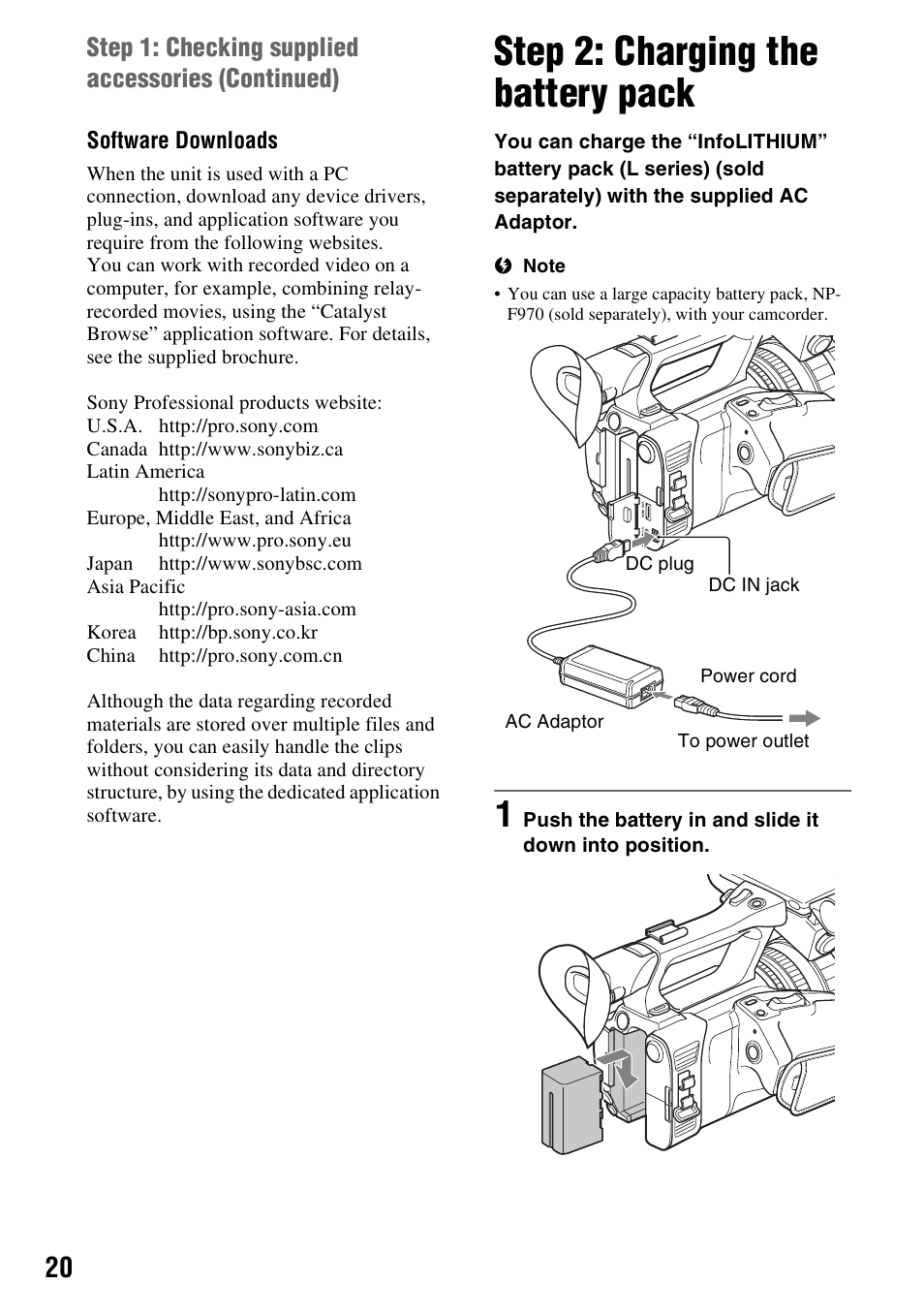 Step 2: charging the battery pack, P. 20), Or (p. 20) | Ad) (p. 20), Step 1: checking supplied accessories ( continued) | Sony BRAVIA FW-98BZ50L 98" UHD 4K HDR Commercial Monitor User Manual | Page 20 / 152