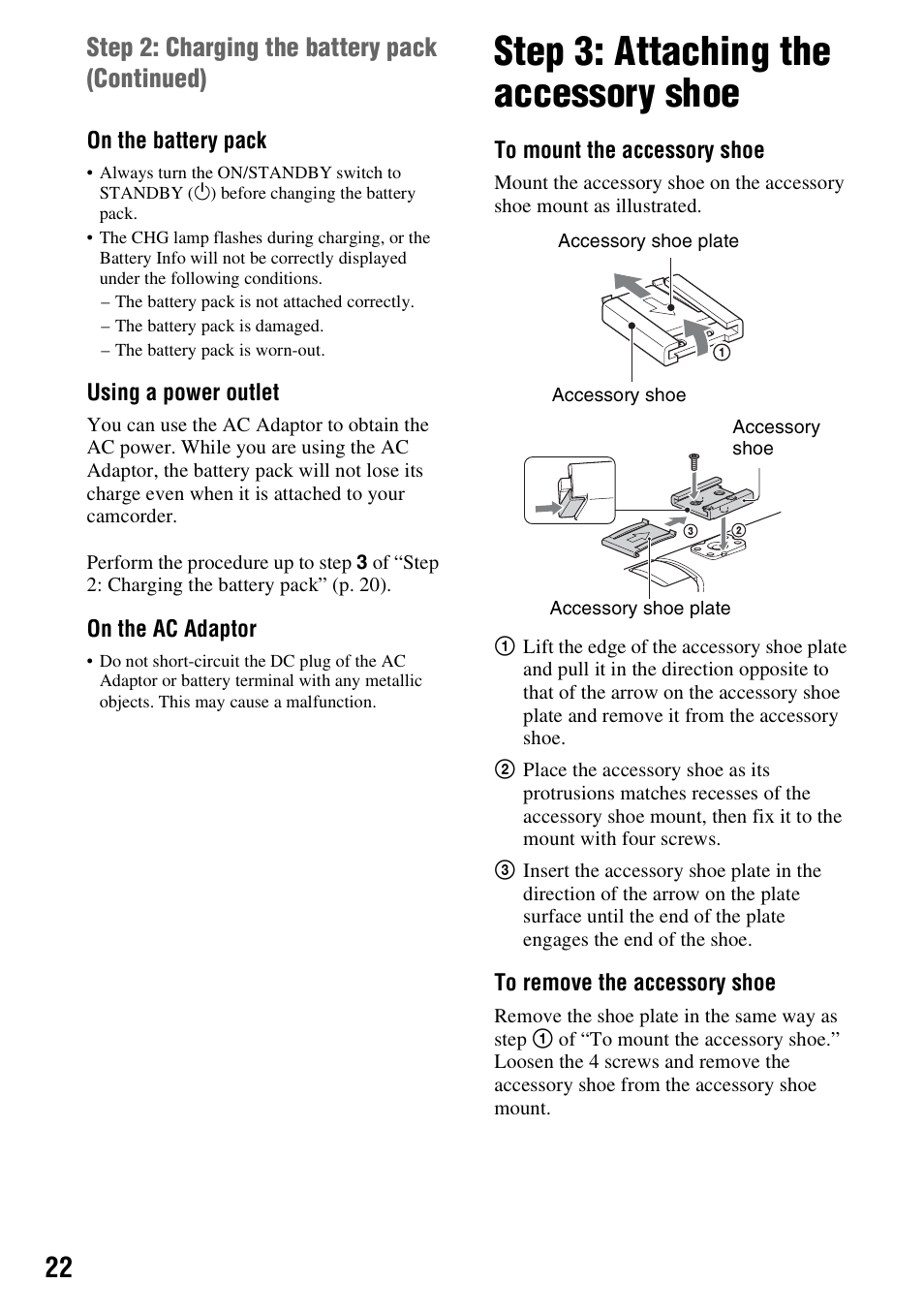 Step 3: attaching the accessory shoe, E (p. 22), P. 22) | Step 2: charging the battery pack (continued) | Sony BRAVIA FW-98BZ50L 98" UHD 4K HDR Commercial Monitor User Manual | Page 22 / 152