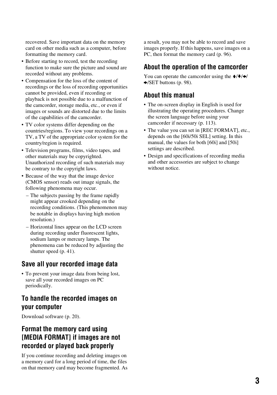 Save all your recorded image data, About the operation of the camcorder, About this manual | Sony BRAVIA FW-98BZ50L 98" UHD 4K HDR Commercial Monitor User Manual | Page 3 / 152