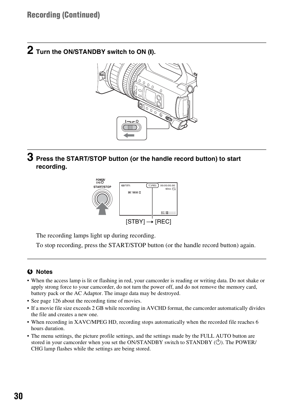 P. 30), Recording ( continued) | Sony BRAVIA FW-98BZ50L 98" UHD 4K HDR Commercial Monitor User Manual | Page 30 / 152