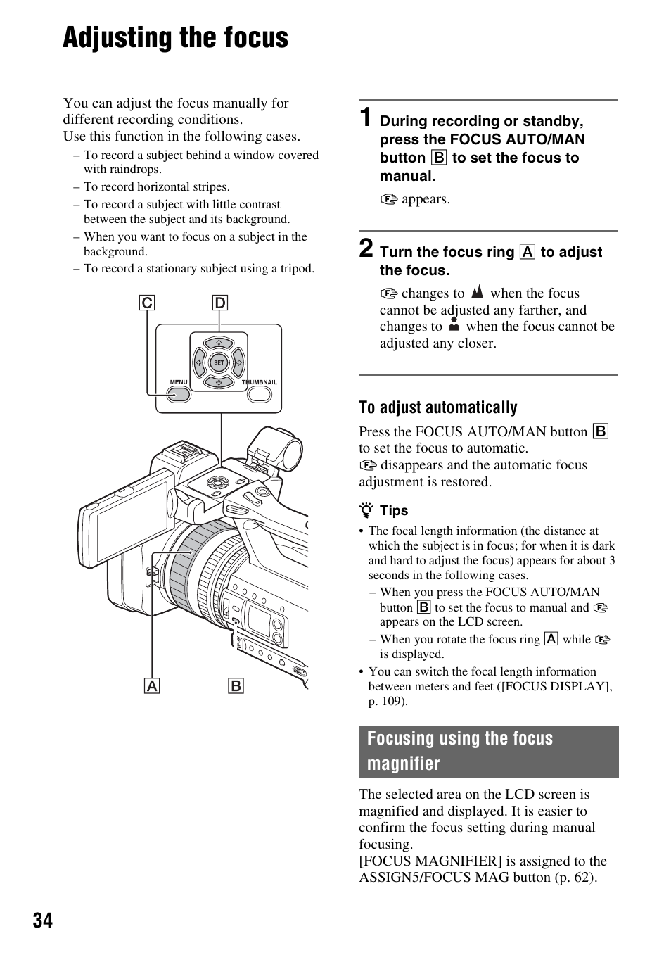 Adjusting the focus, Focusing using the focus magnifier, P. 34) | S (p. 34) | Sony BRAVIA FW-98BZ50L 98" UHD 4K HDR Commercial Monitor User Manual | Page 34 / 152